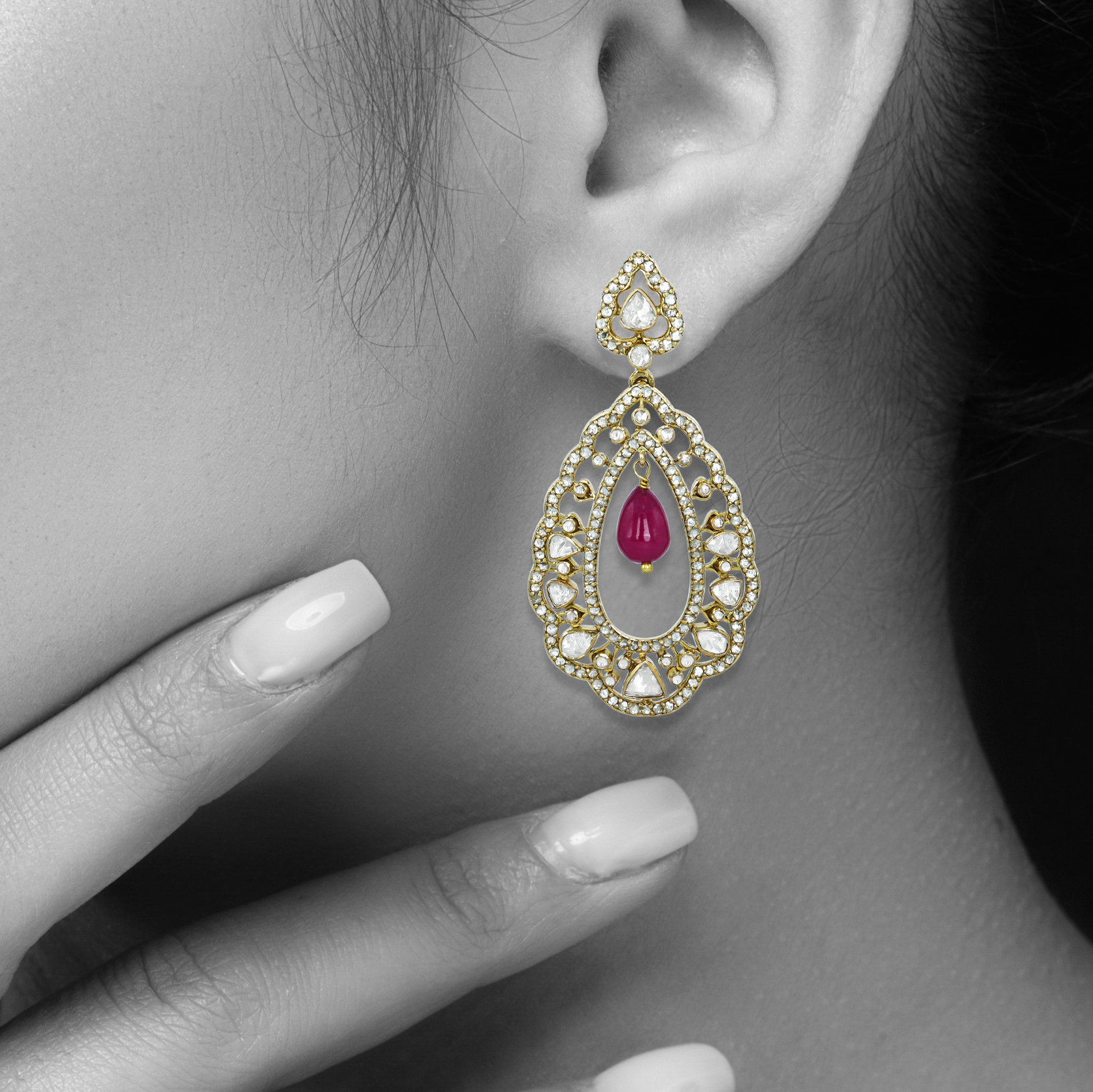 Polki Chandelier Diamond Earrings with Ruby Drop